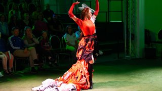 Sängerin in Kleid aus Trikots 